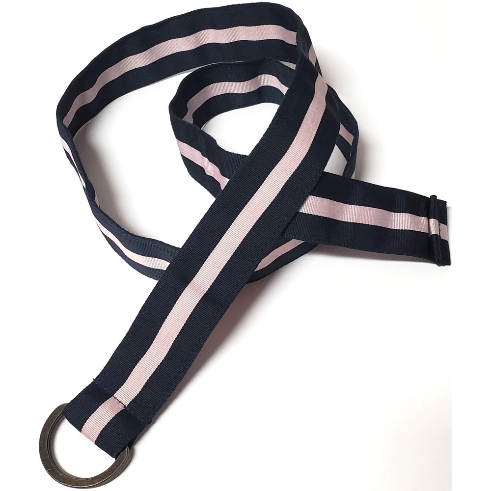 Fabric Tie Belt Stripe 36 Woven Navy/ Lt Pink Middle D Ring Aged Pewter Adjust - Picture 2 of 6